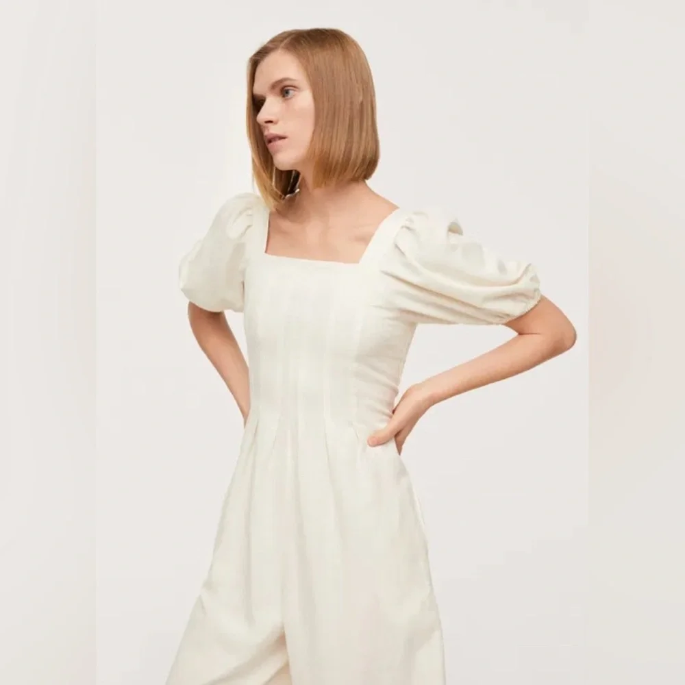 MNG Mango puff sleeve cotton long jumpsuit, cream viscose/cotton/linen blend - Picture 6 of 17